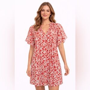 Entro Size Medium Flowy Sleeve Button Detail Red and White Patterned Mini Dress